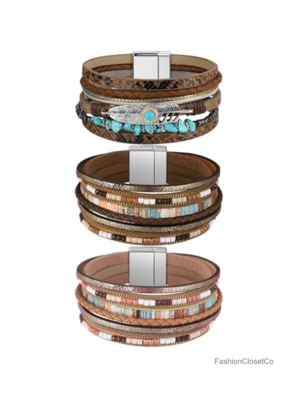 3 Pcs Western Leather Multi Layer Wrap Bracelet Set Cuff Jewelry